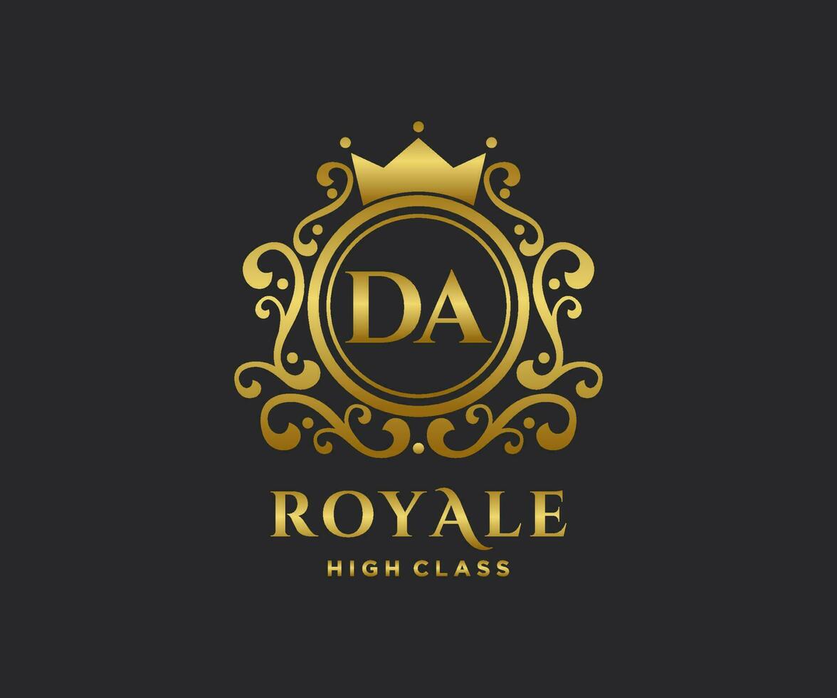 Golden Letter DA template logo Luxury gold letter with crown. Monogram alphabet . Beautiful royal initials letter. vector