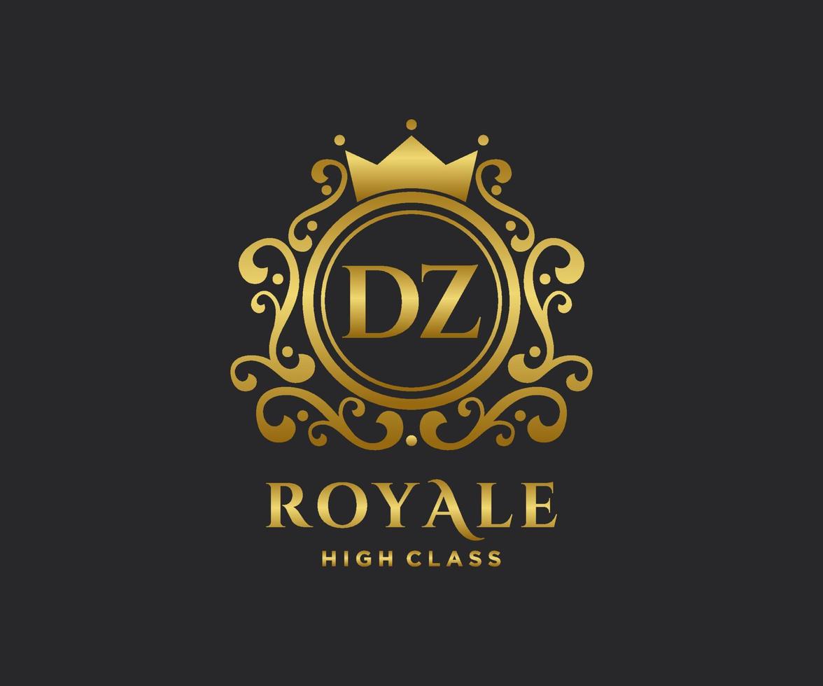 Golden Letter DZ template logo Luxury gold letter with crown. Monogram alphabet . Beautiful royal initials letter. vector