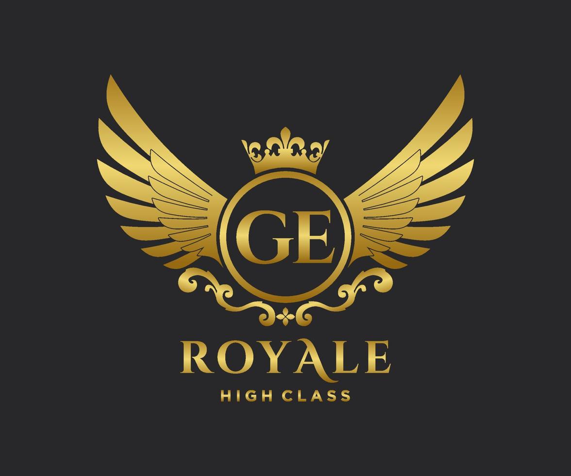 Golden Letter GE template logo Luxury gold letter with crown. Monogram alphabet . Beautiful royal initials letter. vector