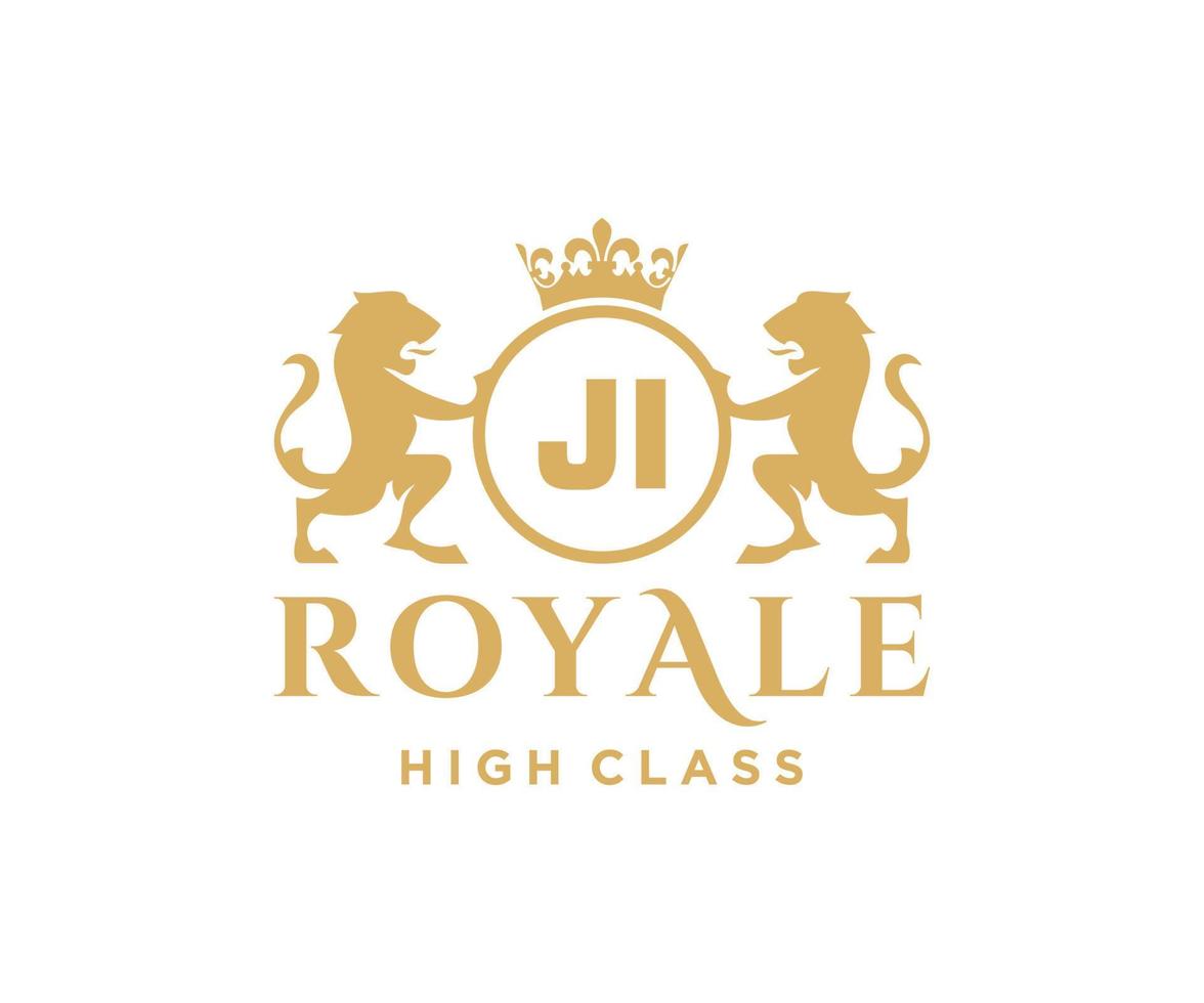 Golden Letter JI template logo Luxury gold letter with crown. Monogram alphabet . Beautiful royal initials letter. vector