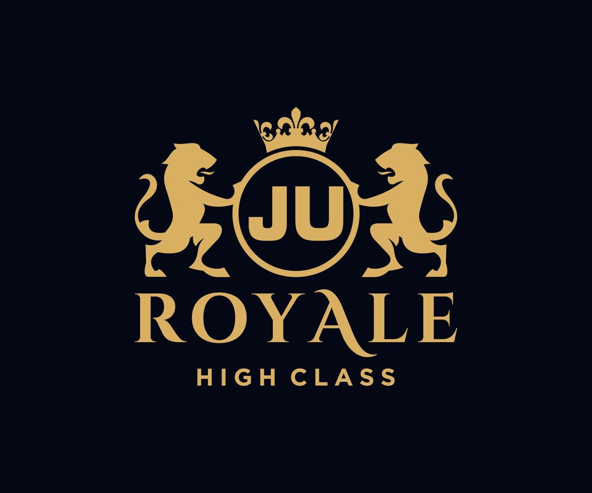 Golden Letter JU template logo Luxury gold letter with crown. Monogram alphabet . Beautiful royal initials letter. vector