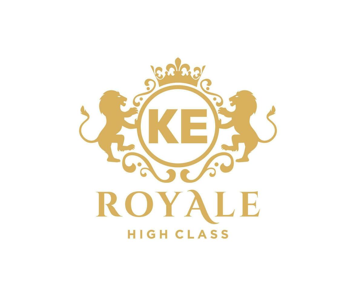 Golden Letter KE template logo Luxury gold letter with crown. Monogram alphabet . Beautiful royal initials letter. vector