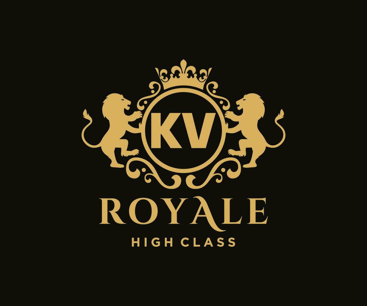 Golden Letter KV template logo Luxury gold letter with crown. Monogram alphabet . Beautiful royal initials letter. vector