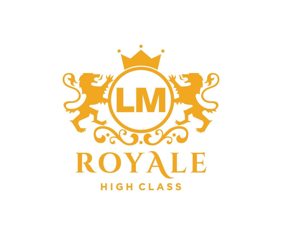 Golden Letter LM template logo Luxury gold letter with crown. Monogram alphabet . Beautiful royal initials letter. vector