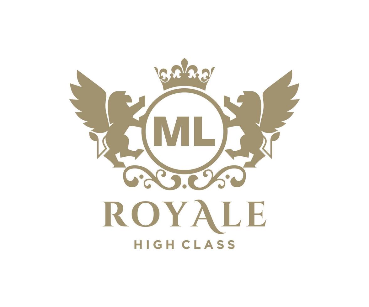 Golden Letter ML template logo Luxury gold letter with crown. Monogram alphabet . Beautiful royal initials letter. vector