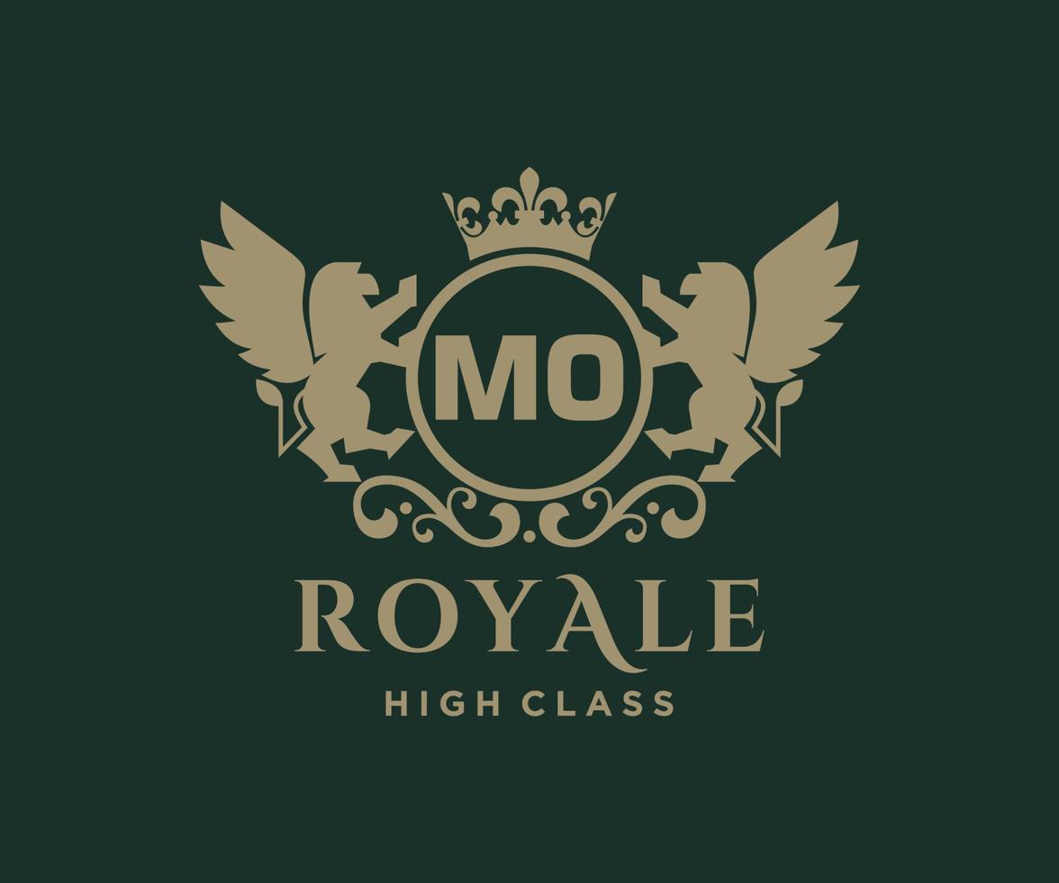 Golden Letter MO template logo Luxury gold letter with crown. Monogram alphabet . Beautiful royal initials letter. vector