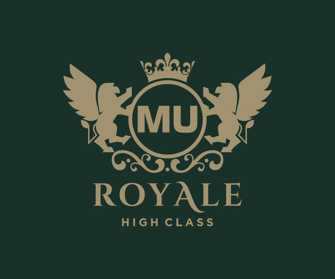 Golden Letter MU template logo Luxury gold letter with crown. Monogram alphabet . Beautiful royal initials letter. vector