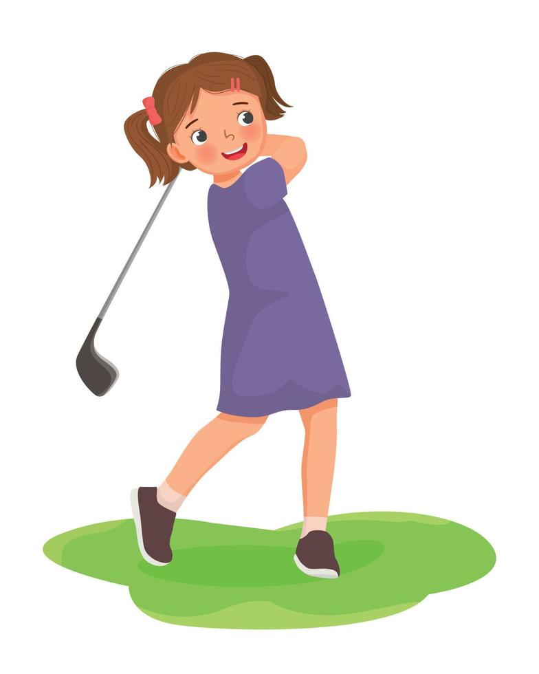 linda pequeño niña jugando golf golpear pelota con golf club vector