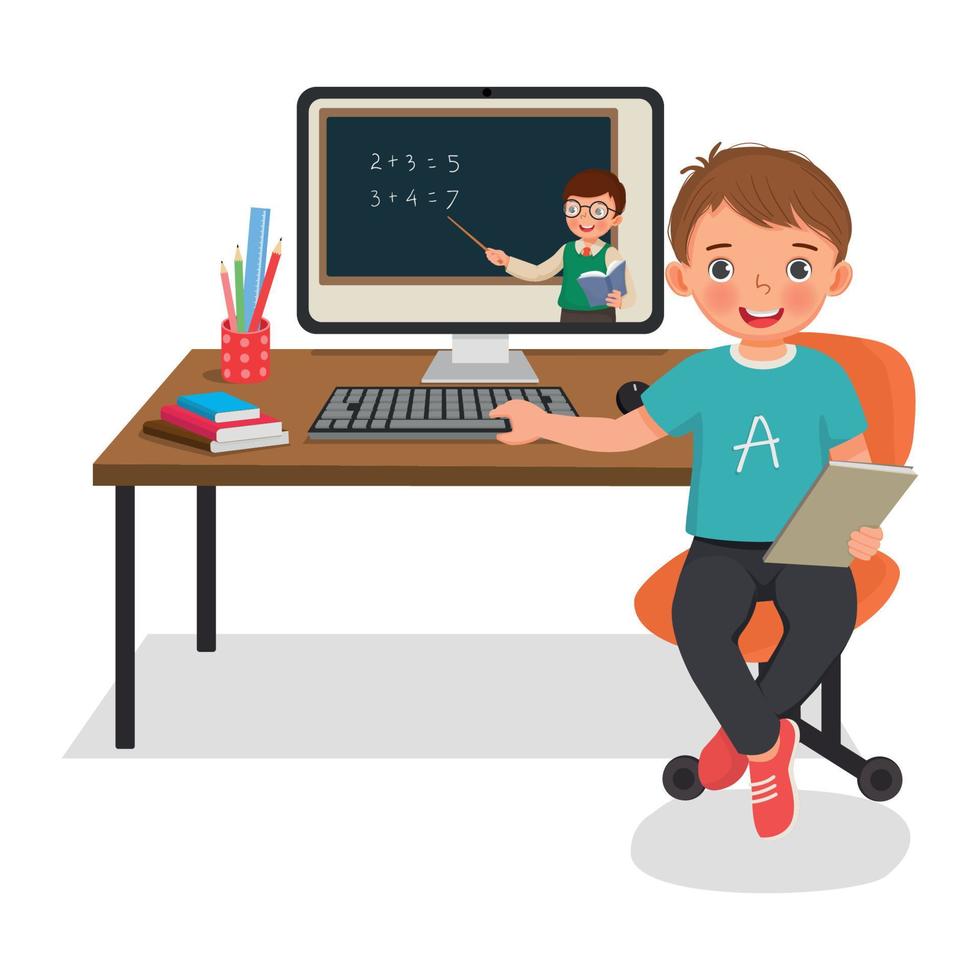 Cute little boy student studying from home via Internet video conference with teacher using computer desktop vector