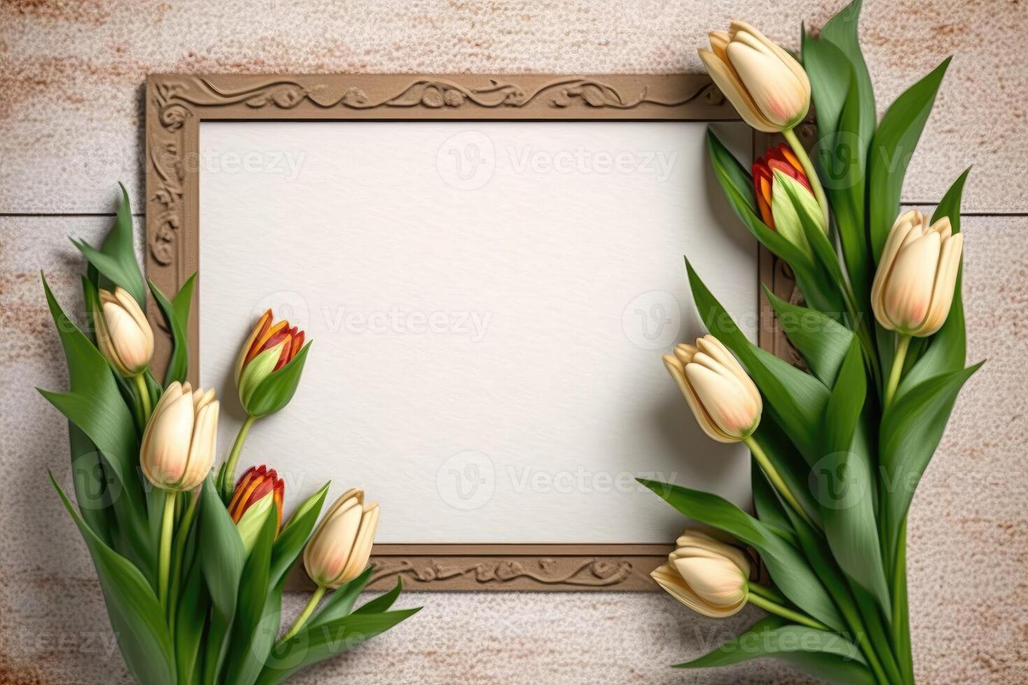 Small tulips greeting card in little border of blank backboard. photo