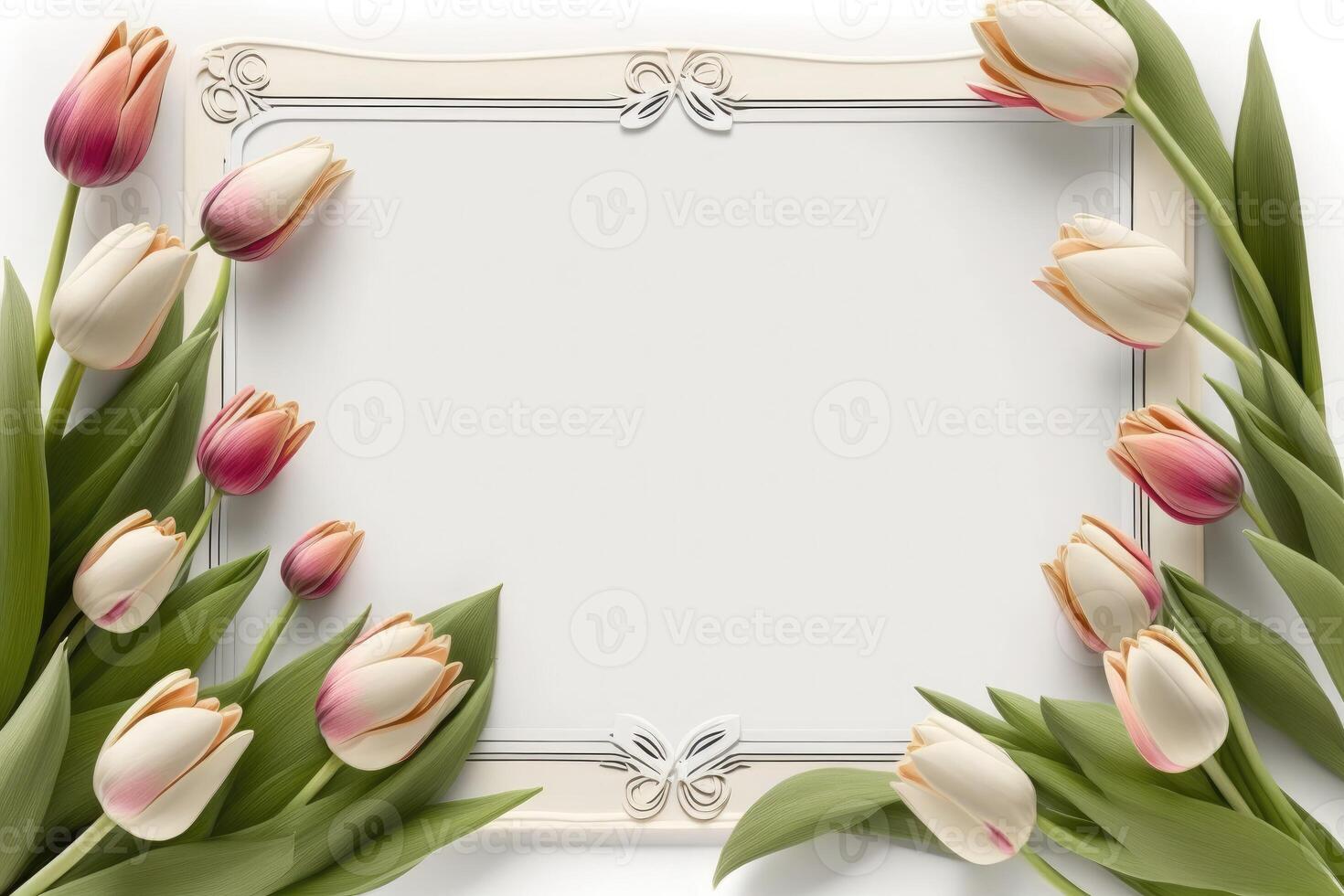 Small tulips greeting card in little border of blank backboard. photo