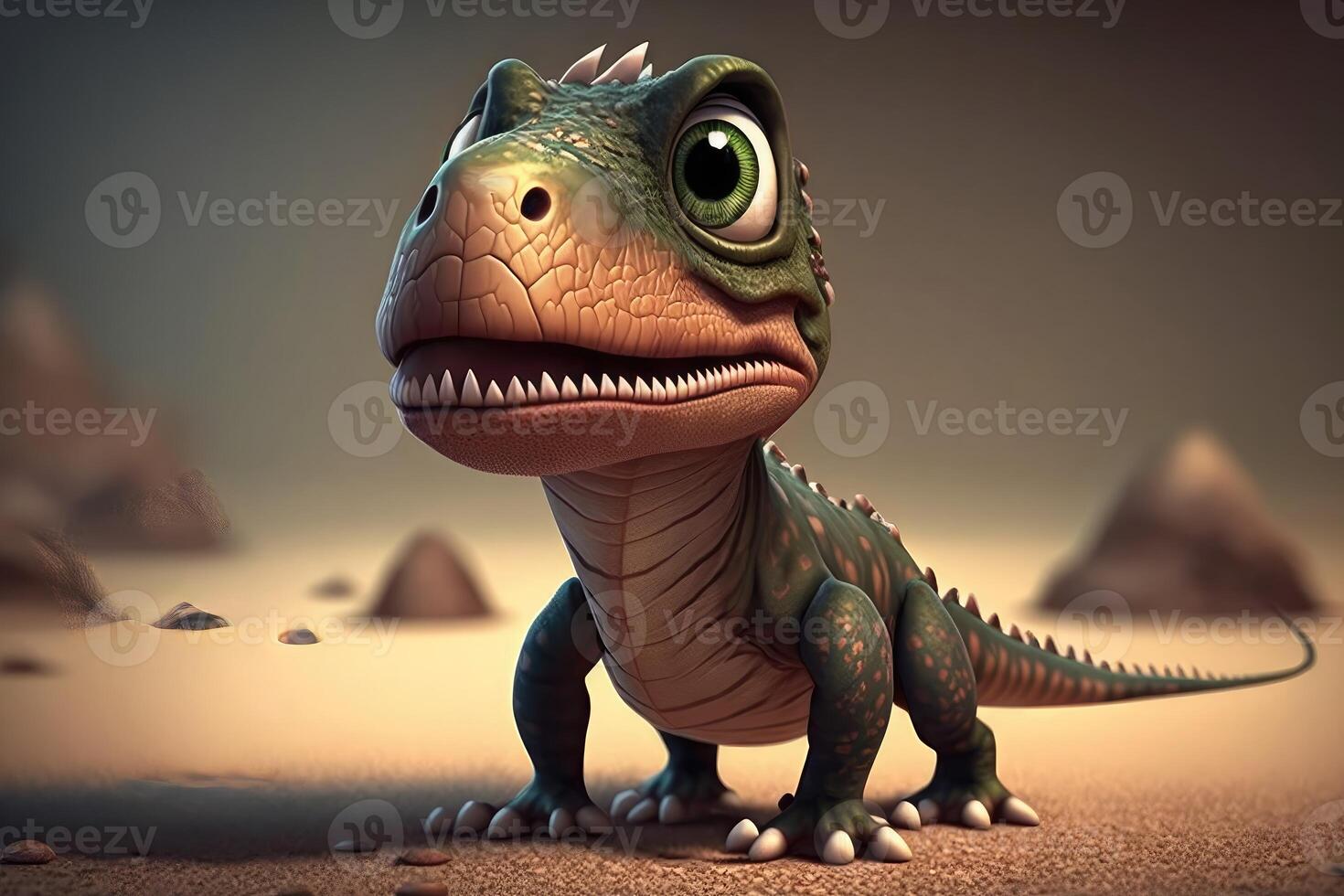 3D cute Allosaurus cartoon. A group of primitive reptile dinosaurs from the Jurassic period. photo