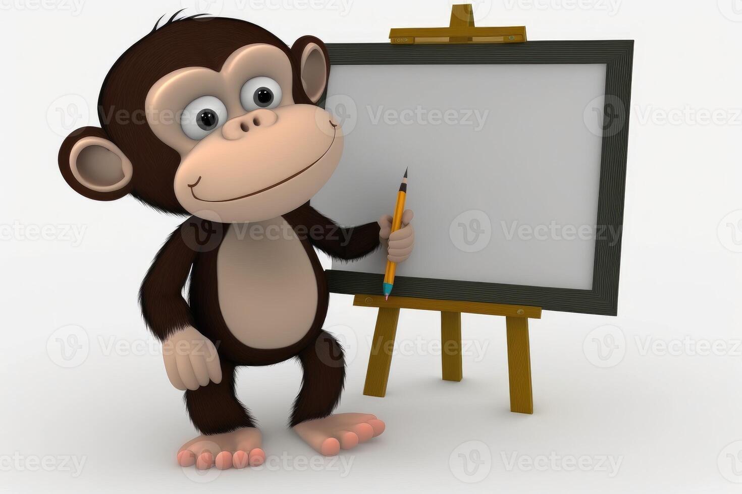 ai generado 3d linda chimpancé dibujos animados en pie junto a blanco pizarron. foto