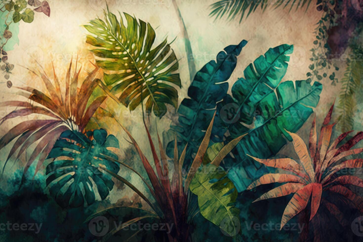 Tropical plants and trees watercolor painting for texture background