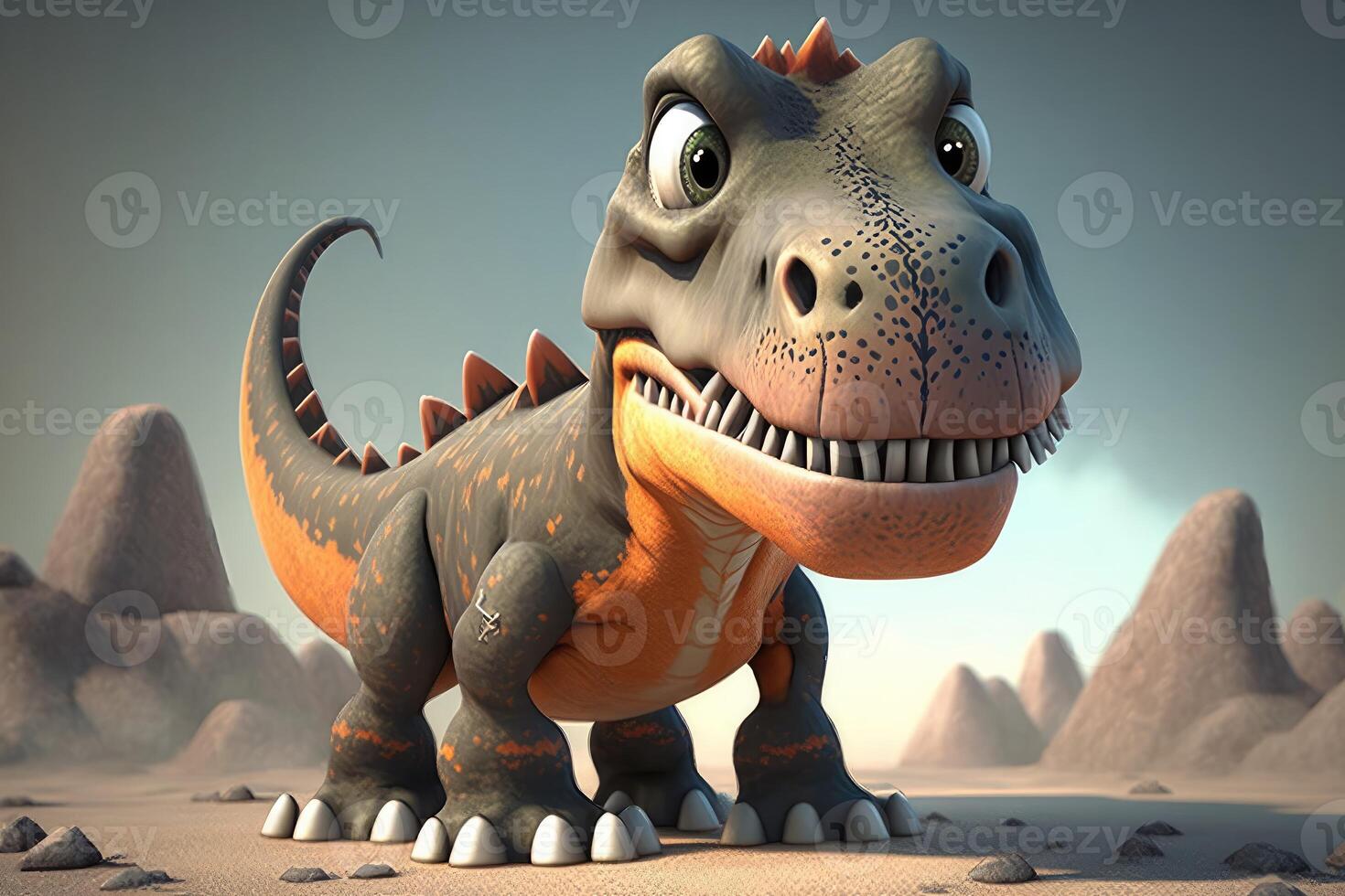 3D cute Allosaurus cartoon. A group of primitive reptile dinosaurs from the Jurassic period. photo