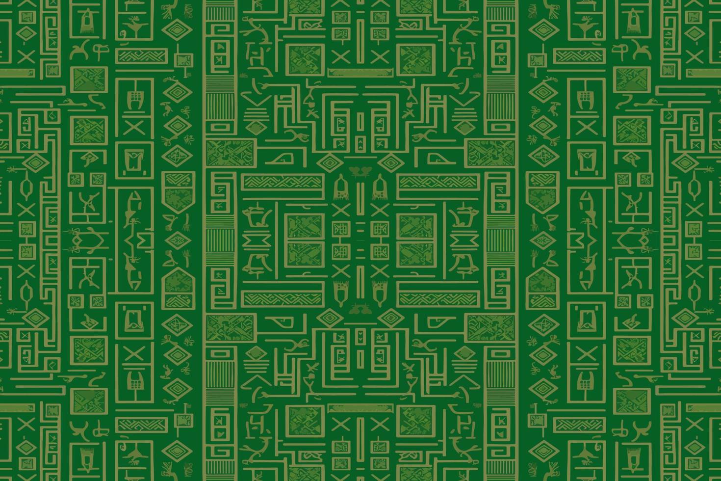 Egyptian hieroglyphs ethnic pattern green background. Abstract traditional folk antique tribal zigzag graphic line. Texture textile fabric Egyptian vector ornate elegant luxury vintage retro style.