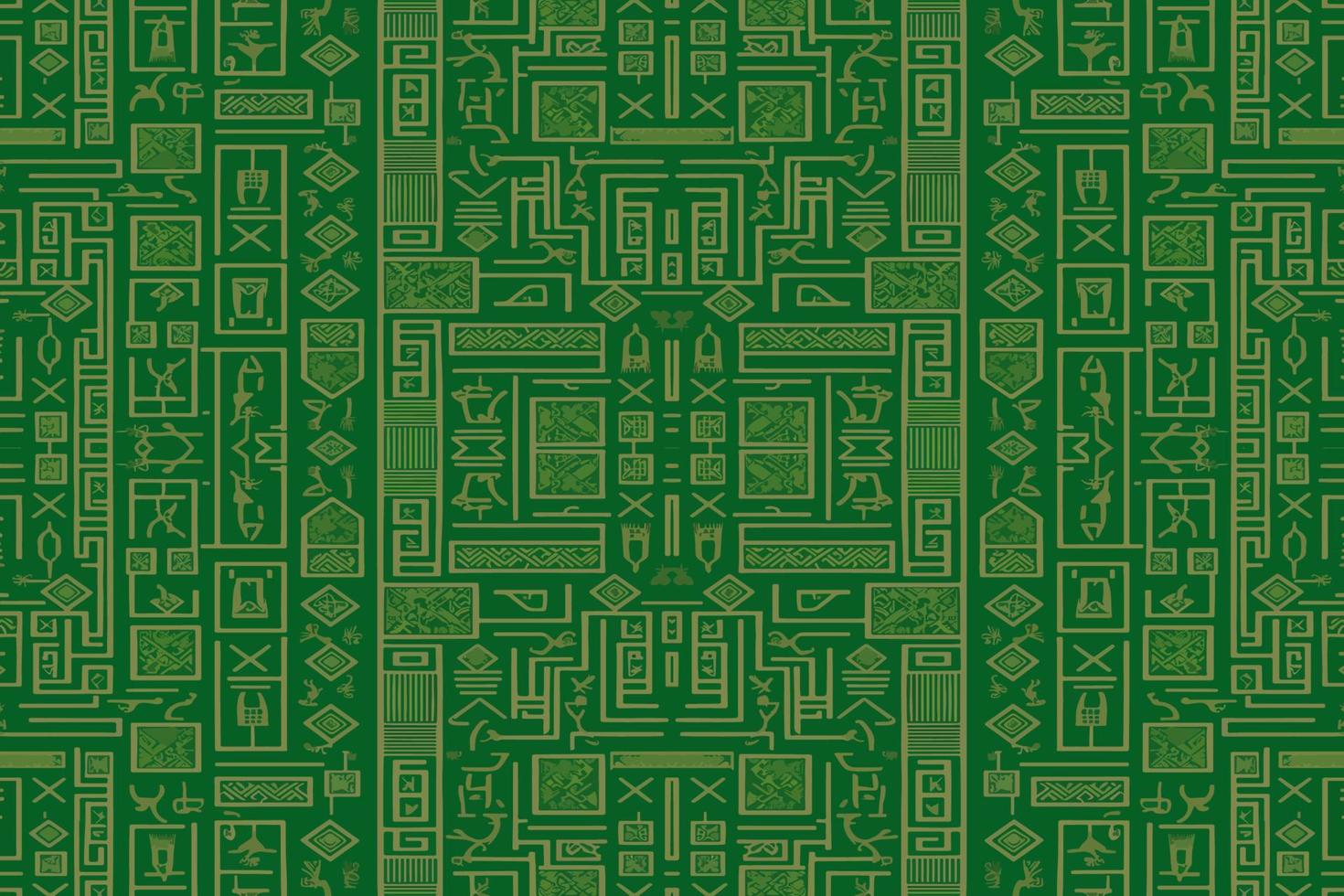 Egyptian hieroglyphs ethnic pattern green background. Abstract traditional folk antique tribal zigzag graphic line. Texture textile fabric Egyptian vector ornate elegant luxury vintage retro style.