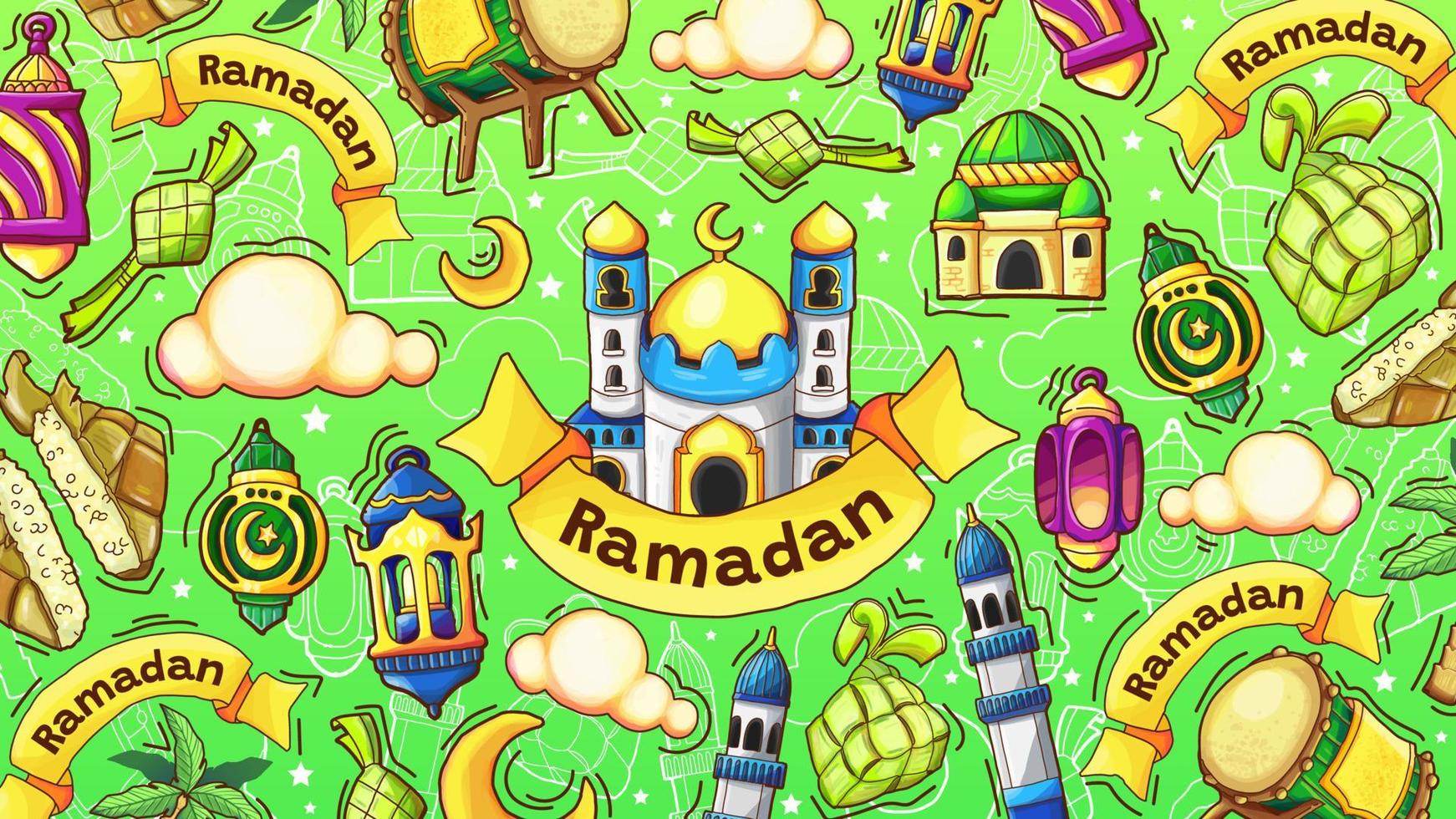 Cute Colorful Hand Drawn Ramadan Wallpaper vector