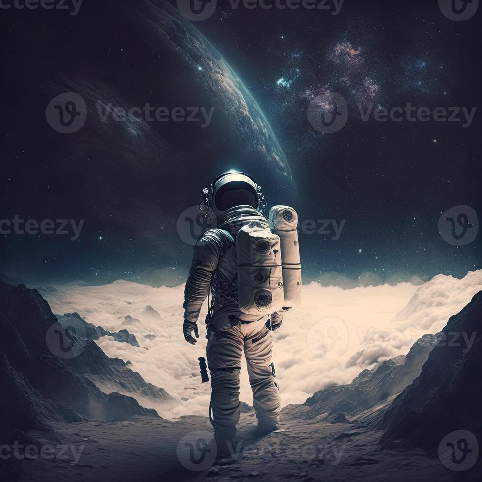 Astronaut on a rock surface with a space background. an astronaut standing on the lone planet with him looking forward. photo