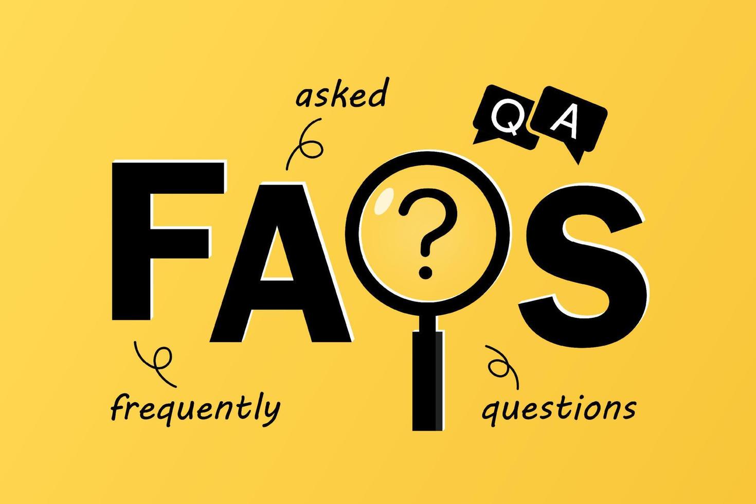 Frequently asked questions FAQs letters isolated on yellow background with magnifying glass symbol, searching for solutions, useful information, customer support, problem solving vector