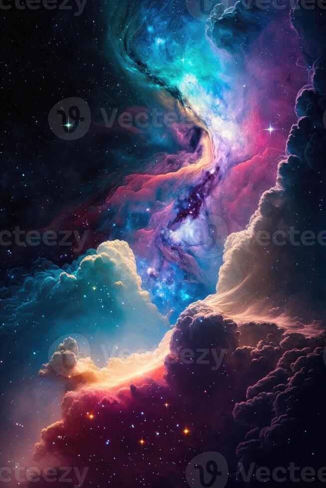 Abstract outer space endless nebula galaxy background. Large view of a colorful dark nebula in space. Cosmic background with bright shining stars, galaxies, and a deep universe. photo