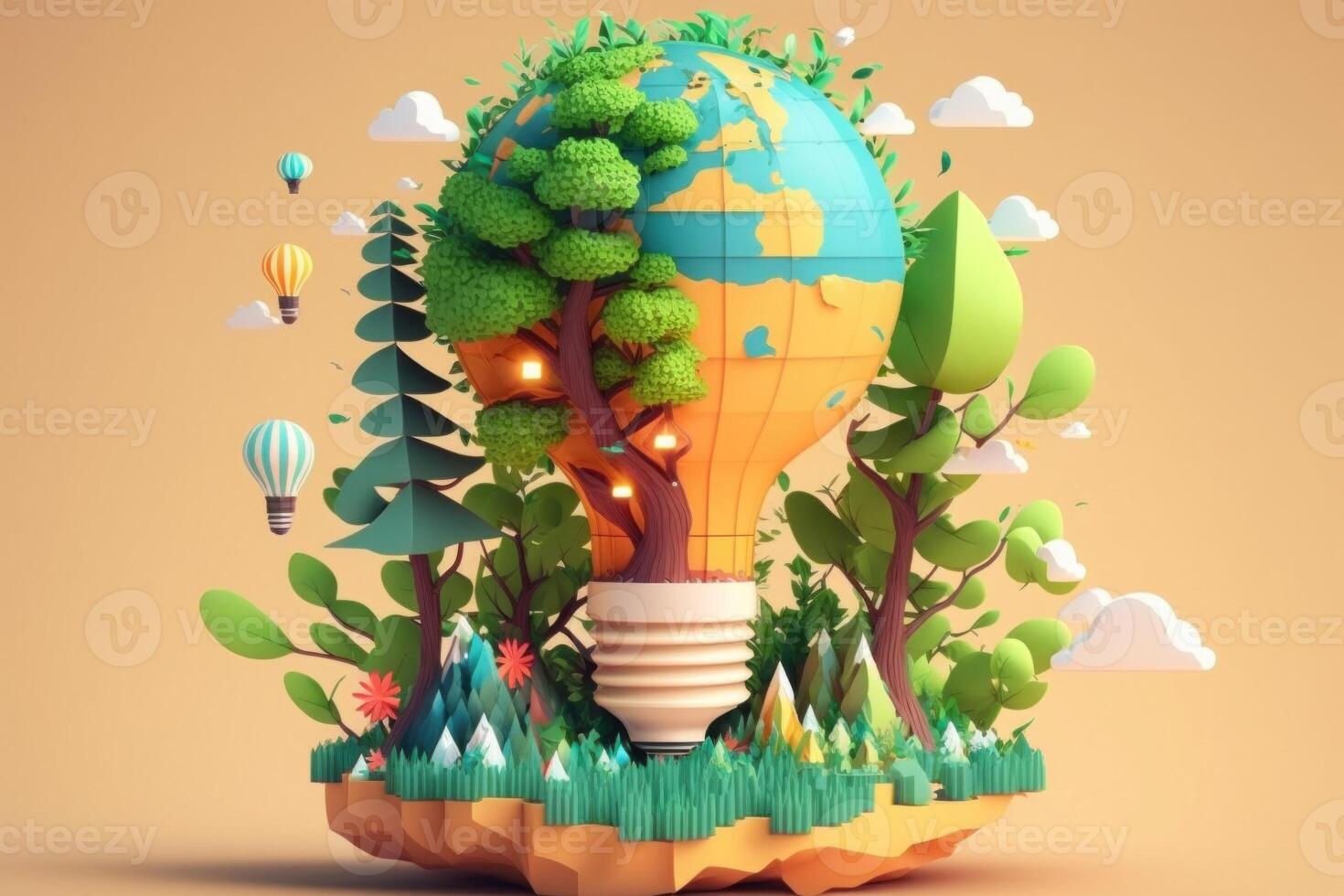 3D environment and Earthday concept. the lightbulb has a tree inside it. Lightbulb with a tree growing on it. The ecological notion of saving the earth with green energy. photo