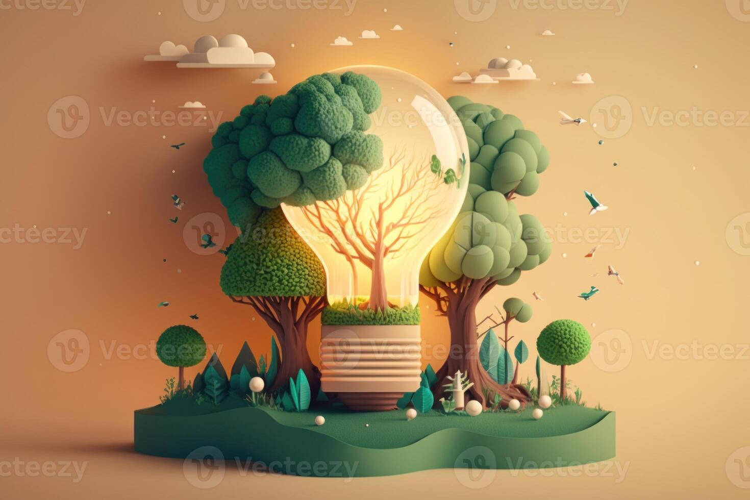 3D environment and Earthday concept. the lightbulb has a tree inside it. Lightbulb with a tree growing on it. The ecological notion of saving the earth with green energy. photo
