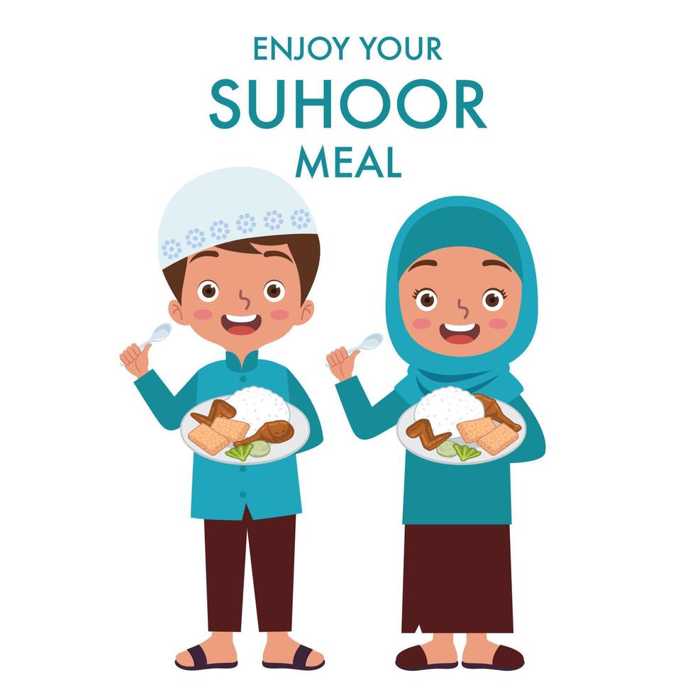 Illustration or vector of two young Muslim girl and boy are ready to eat their Suhoor meal with a plate filled with foods on their hand.