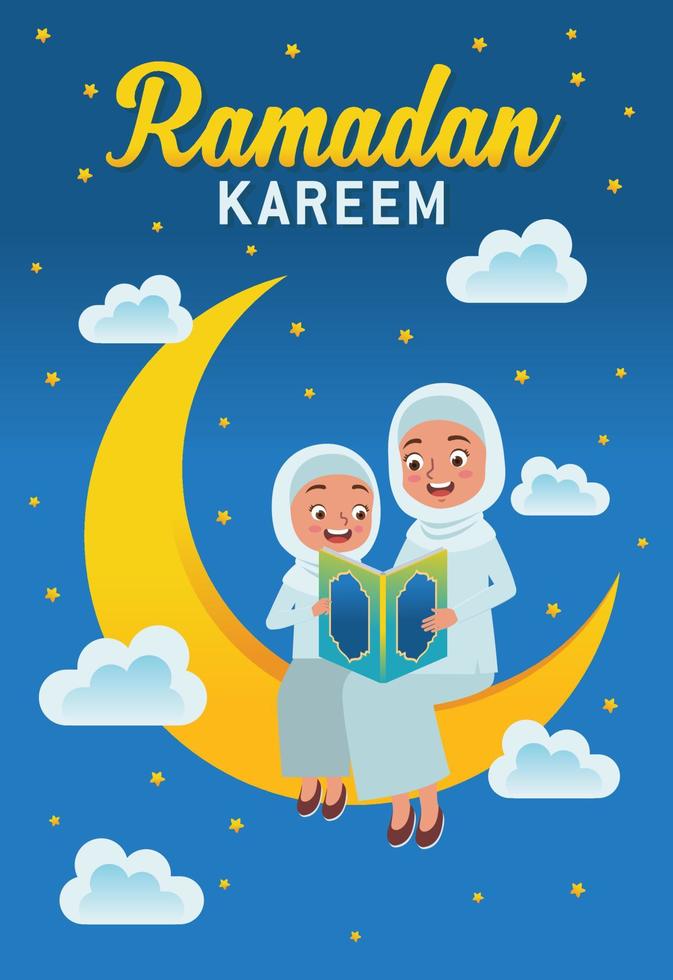 Illustration or vector of a hijab girl and a hijab mother reading the Qur'an and sitting on the moon in the middle of the star and cloud, welcomed the arrival of the month of Ramadan.