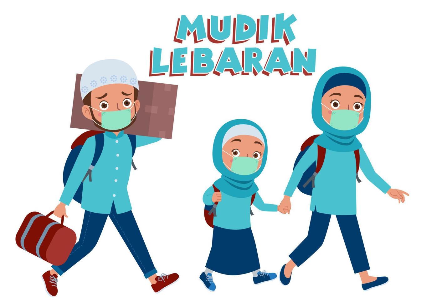 Illustration of a Muslim family with a mask running to go back to their hometown, this called Mudik in Indonesia. The mother is holding her daughter hand, and the Father is holding their belongings. vector