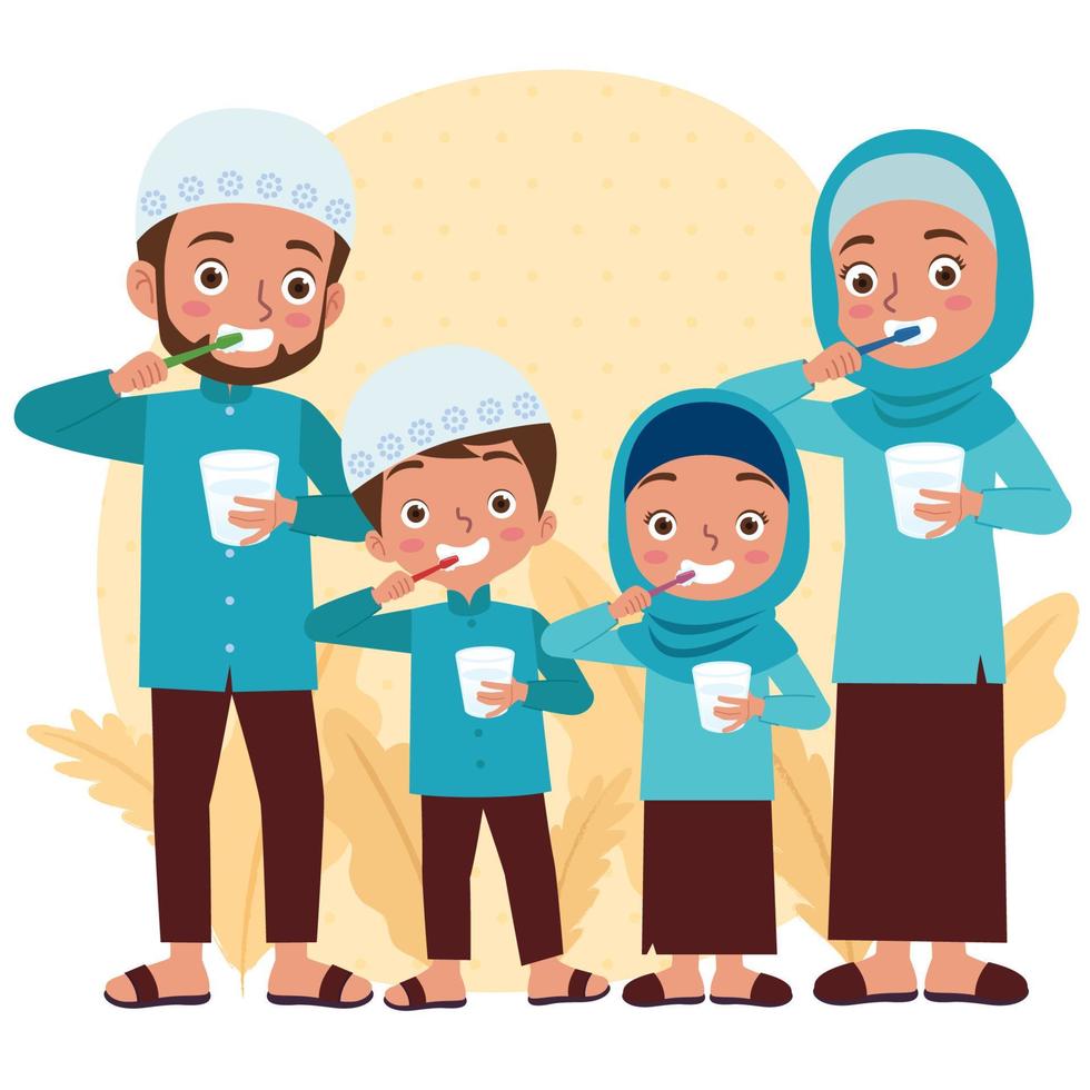 Illustration or vector of Muslim family consist of parent and two children are brushing their teeth together happily and holding a glass of water.