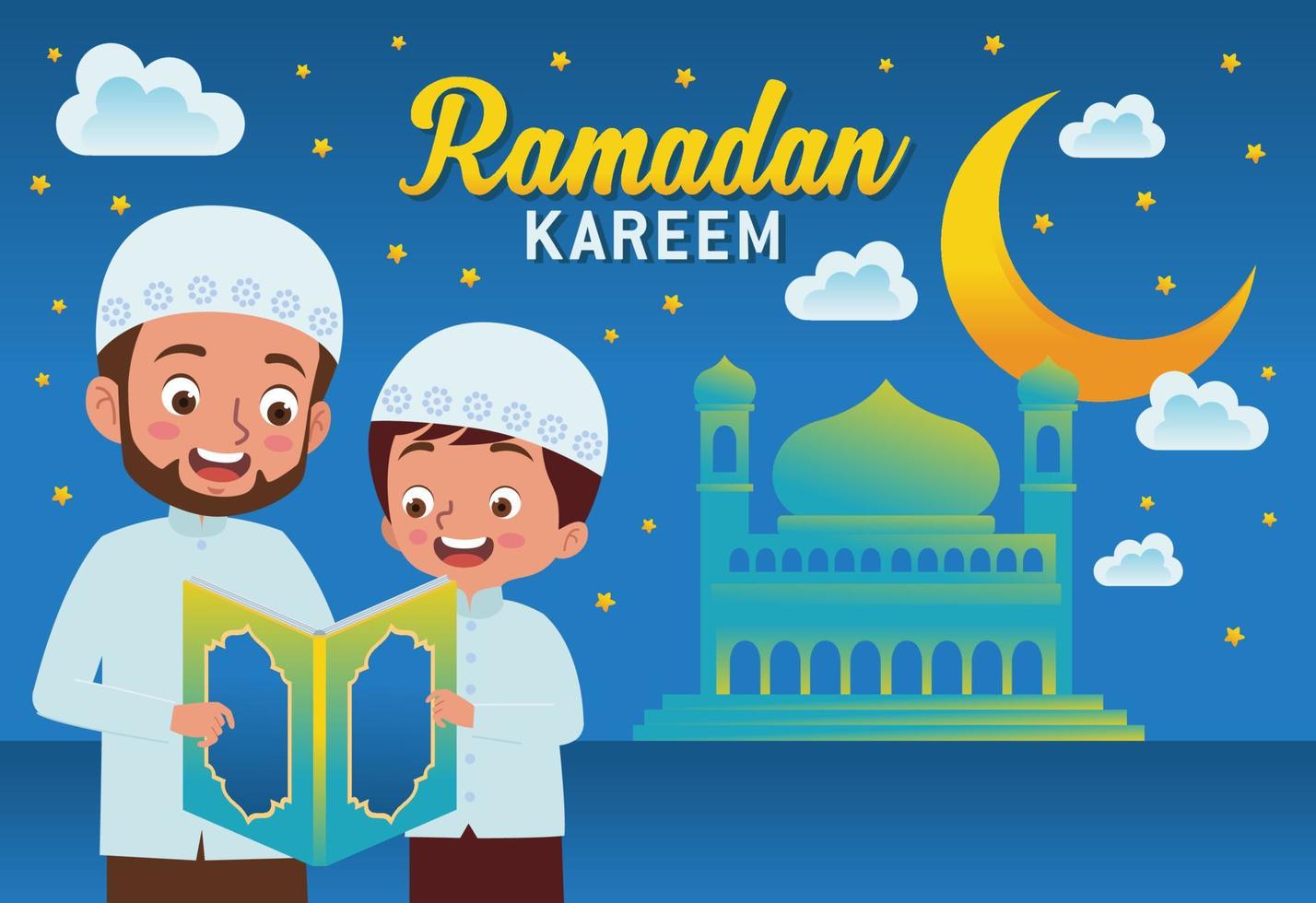 ilustración o vector de un chico y un padre leyendo el Corán juntos en frente de el mezquita, bienvenido el llegada de el mes de Ramadán.