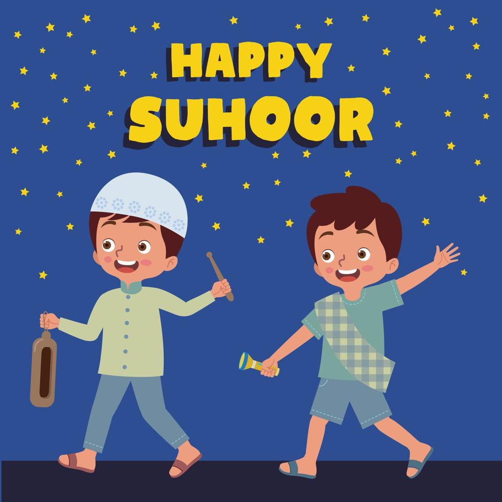 Illustration of two Muslim are waking the other people up in Suhoor time. One of the boy is using saroong and holding a flashlight, the other ones is holding Slit Drum, or Kentungan in Indonesia. vector