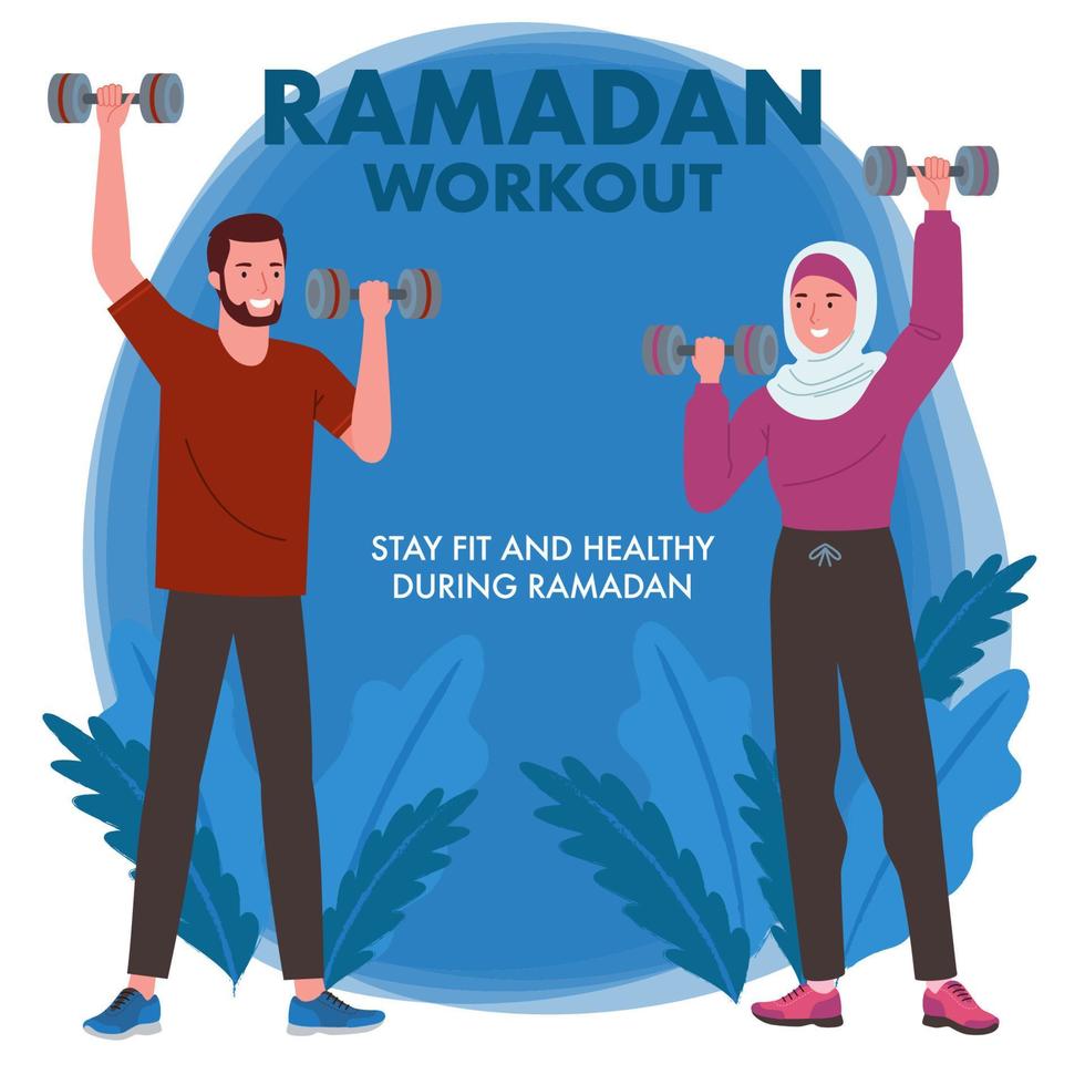 a Muslim man and woman wearing a hijab doing light exercise or workout during Ramadan fast. Their hands raised barbells. vector