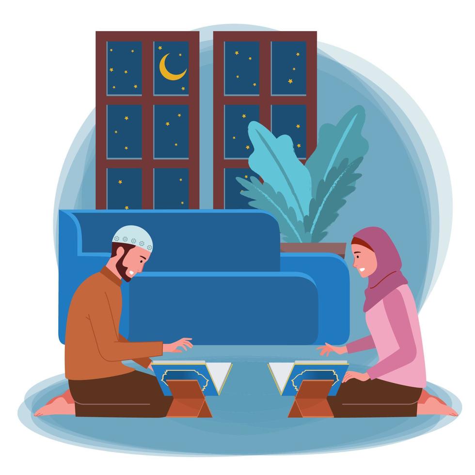 A pair of Muslim men and women are reciting the Quran in their home at night. vector