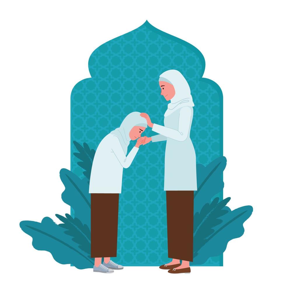 a Muslim girl is kissing his mothers hand while her mothers other hand strokes the childs head, with Islamic theme background. vector