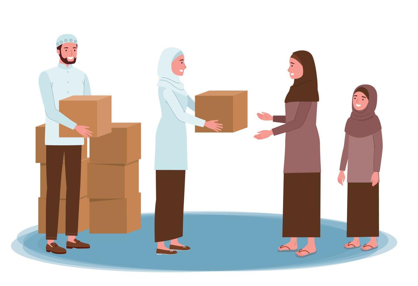 a Muslim man and woman distributing boxes containing donations for another Muslim woman. vector