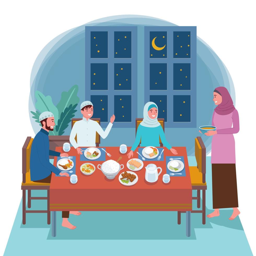 Muslim families consisting of two parents and their children are eating their pre-dawned meal at the dinner table for fasting tomorrow. vector