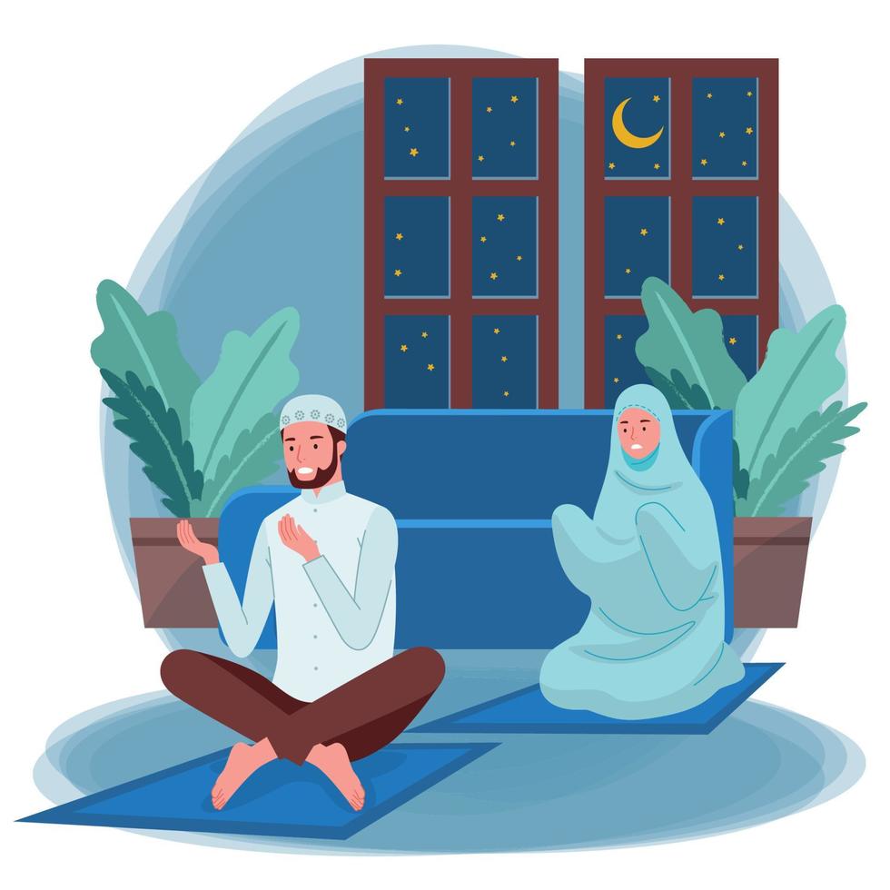 A pair of Muslim women and men are doing their Nightly prayer or Tarawih at night inside their homes. Laylat al-Qadr. Night of Decree. Night of Power. vector