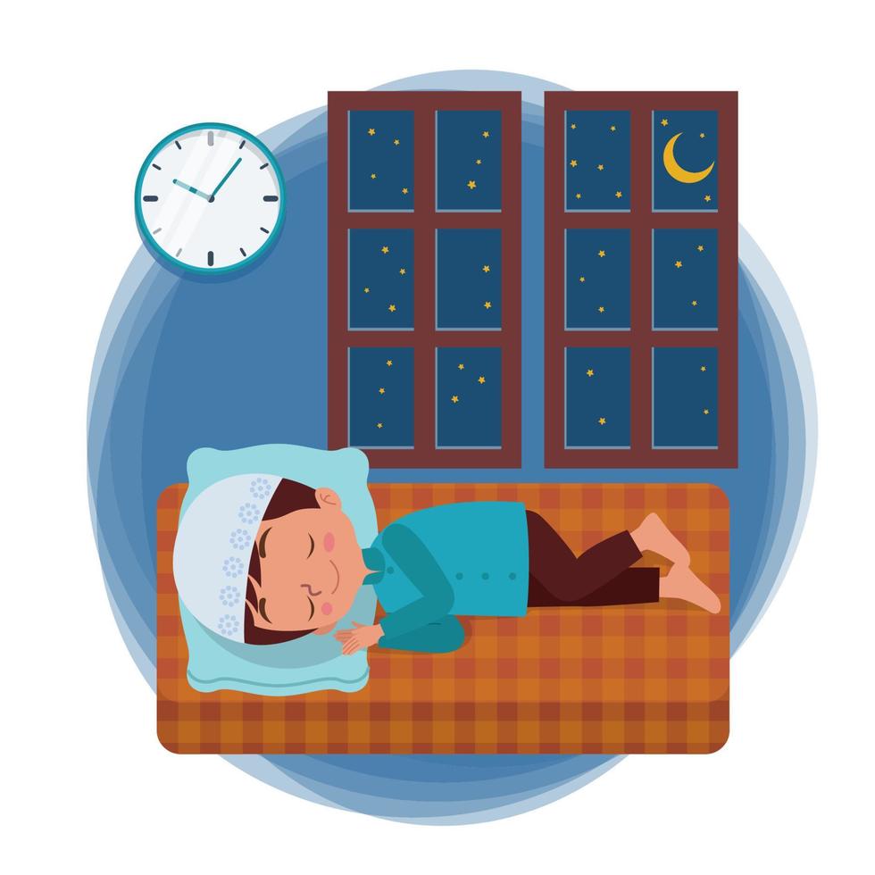 A Muslim boy is sleeping on his bed in his bedroom, he is sleeping before pre-dawn meal time at Ramadan vector