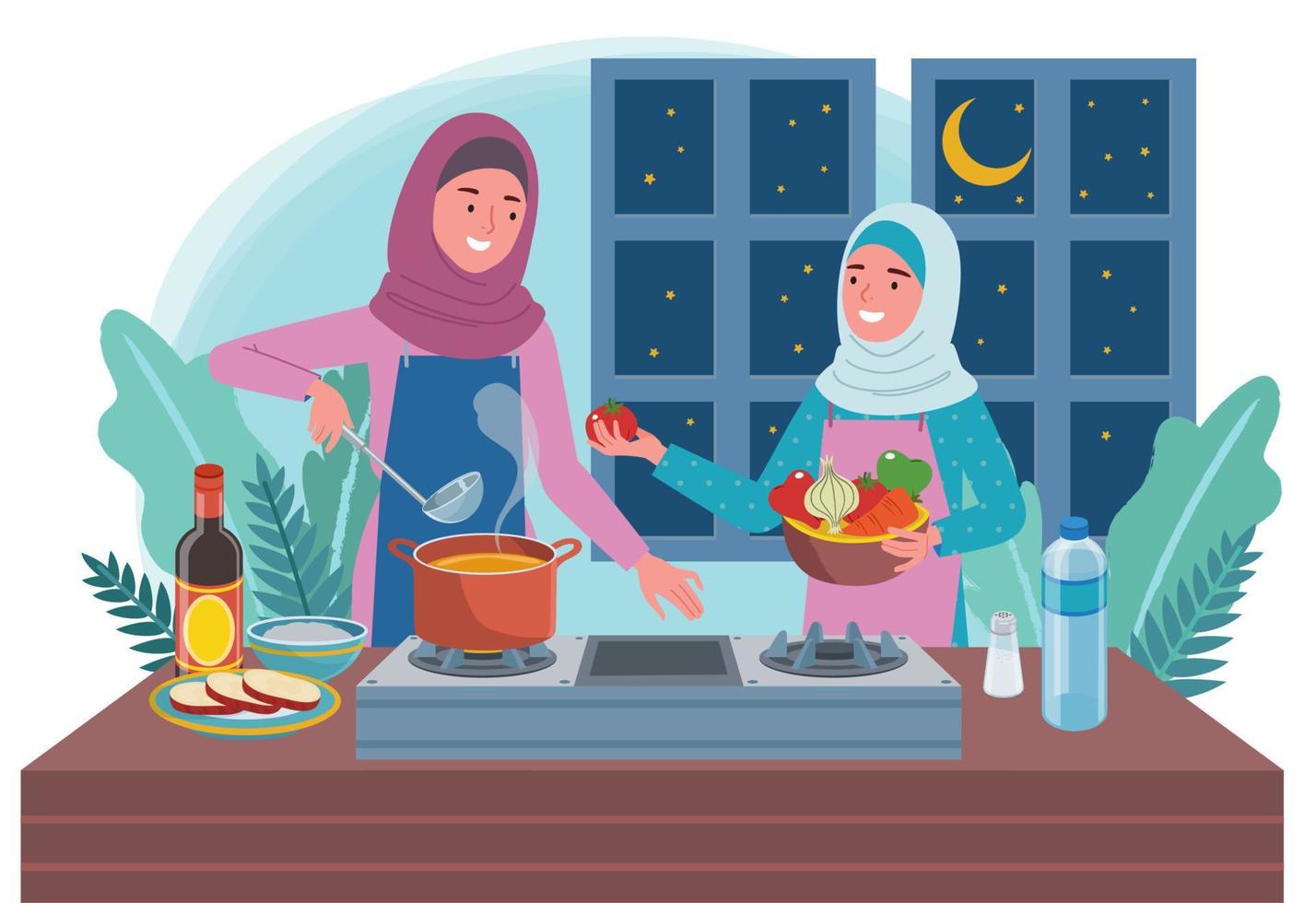 a Muslim woman is cooking food for a pre-dawn meal in the kitchen, and is assisted by her daughter. With a night background. vector