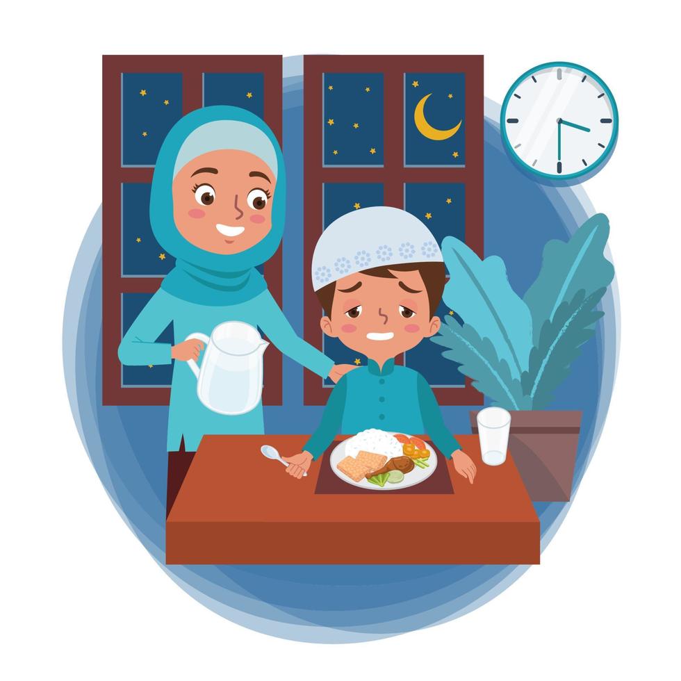 A Muslim mother prepares pre-dawn meal in the month of Ramadan for her sleepy son vector