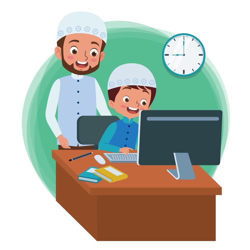 a Muslim boy is learning with his computer and accompanied by his father vector