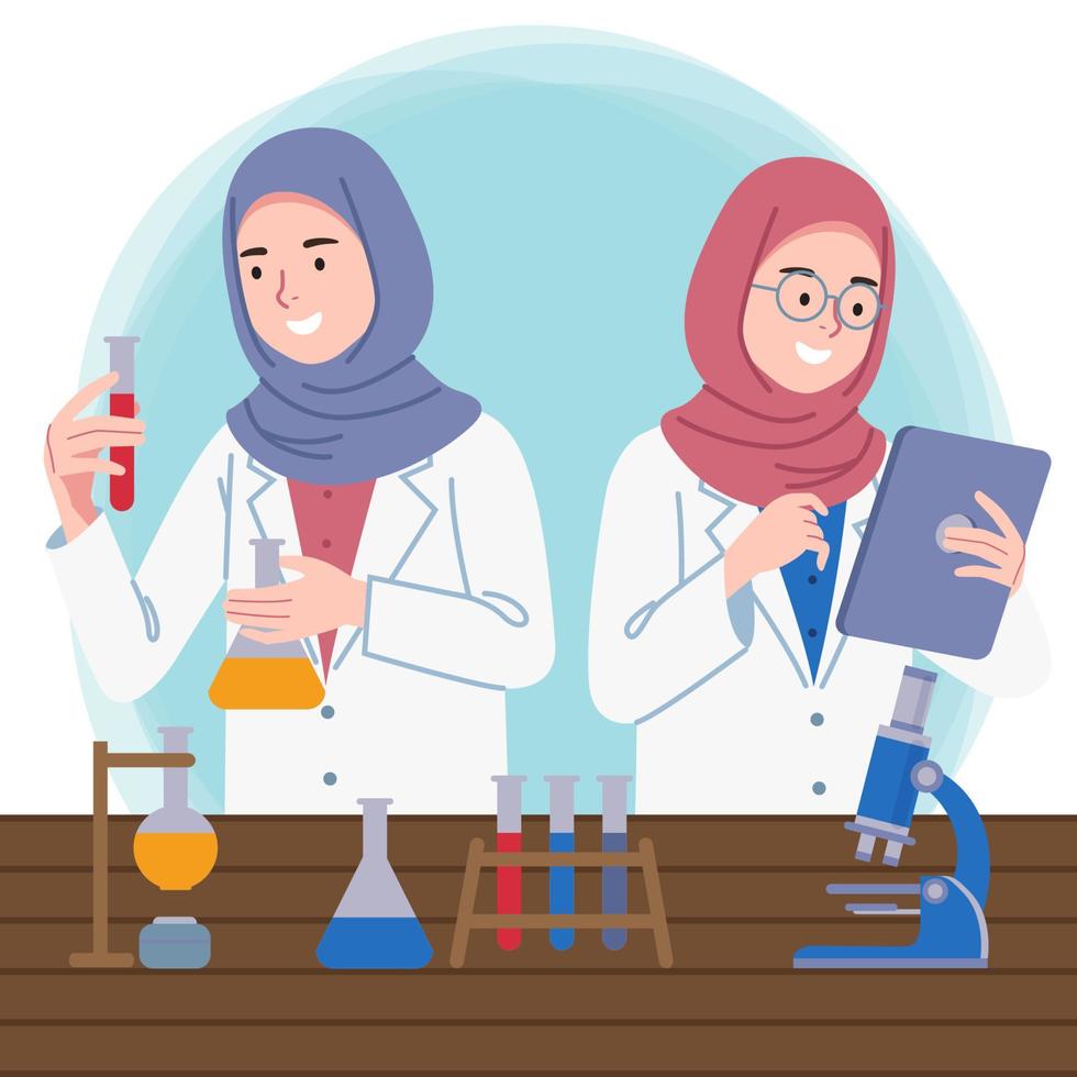 Two female scientists with a hijab is working inside the laboratory vector