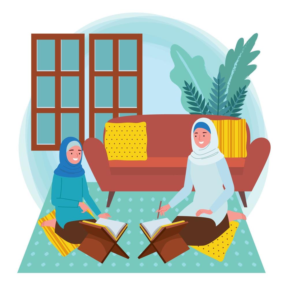 a Muslim mother and her daughter are reading the Qur'an together inside their home or living room. vector