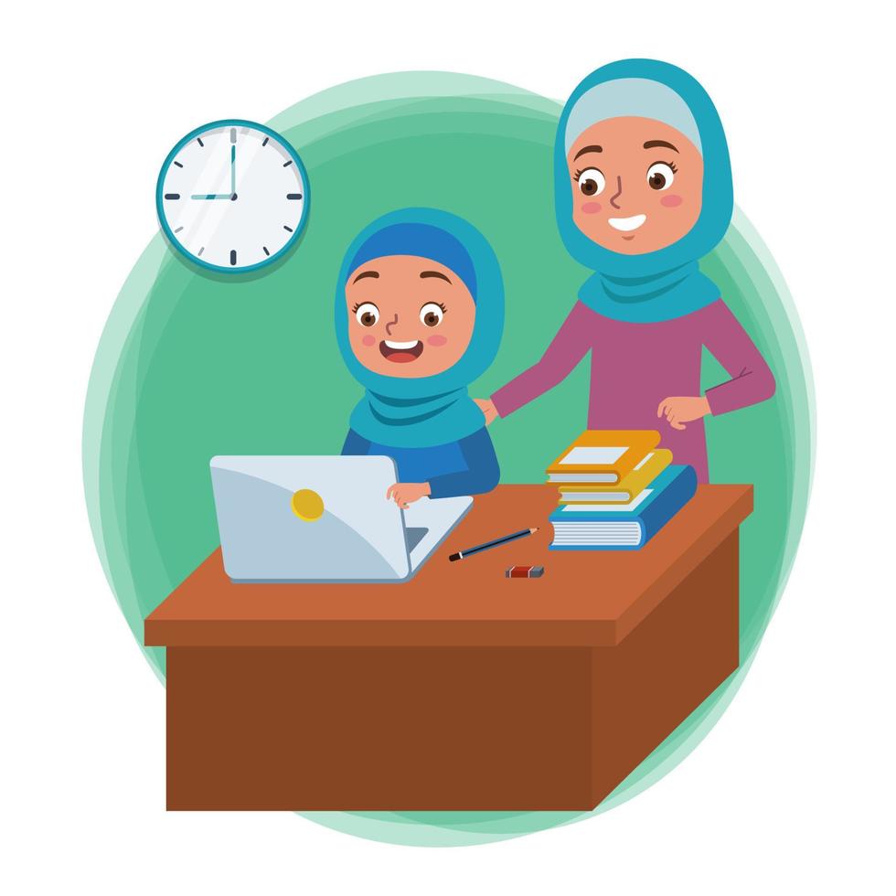 a Muslim girl is learning with her computer and accompanied by her mother. vector