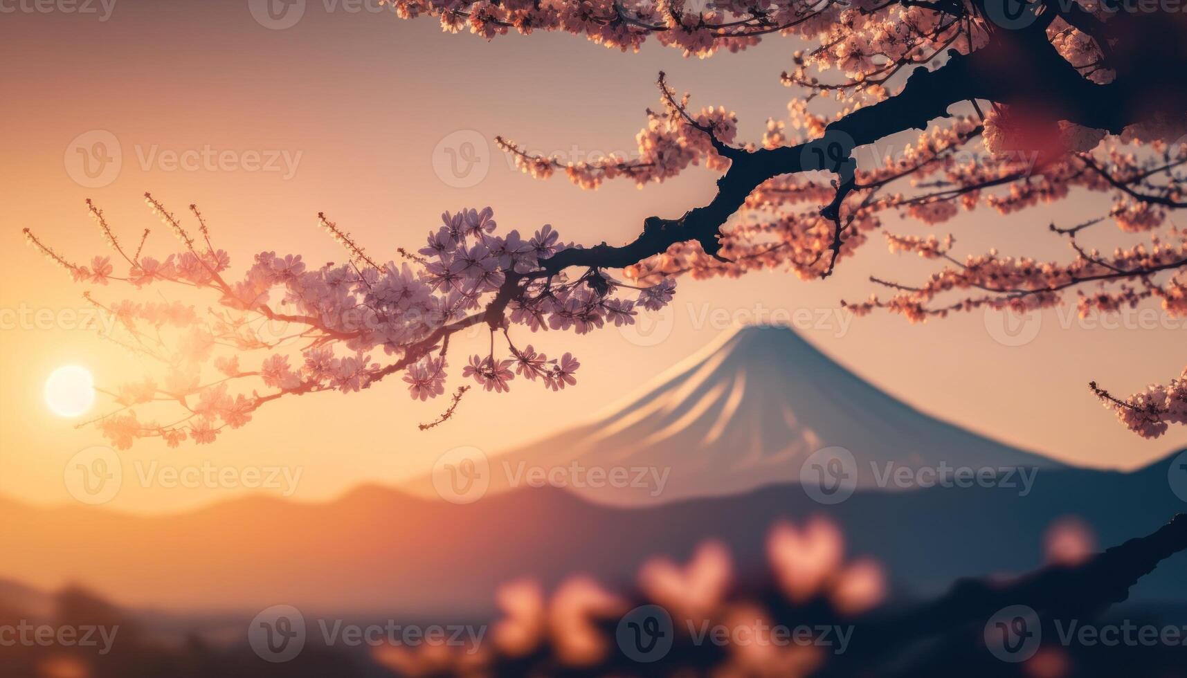 view of Mount Fuji with cherry blossom, and flowers at the lake in japan. Mount Fuji with cherry blossom, flowers at the lake in japan fuji mountain at viewpoint. photo