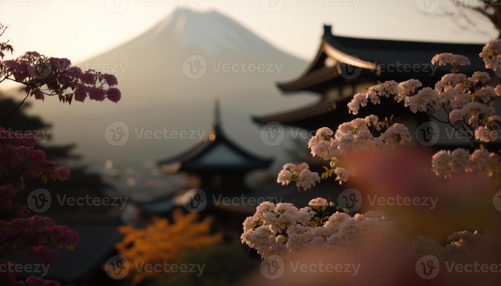 ver de montar fuji con Cereza florecer, y flores a el lago en Japón. montar fuji con Cereza florecer, flores a el lago en Japón fuji montaña a punto de vista. generativo ai foto