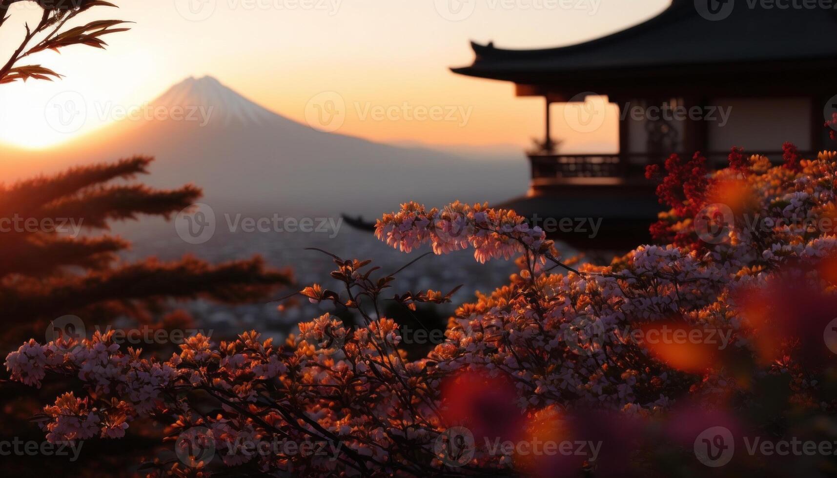view of Mount Fuji with cherry blossom, and flowers at the lake in japan. Mount Fuji with cherry blossom, flowers at the lake in japan fuji mountain at viewpoint. photo