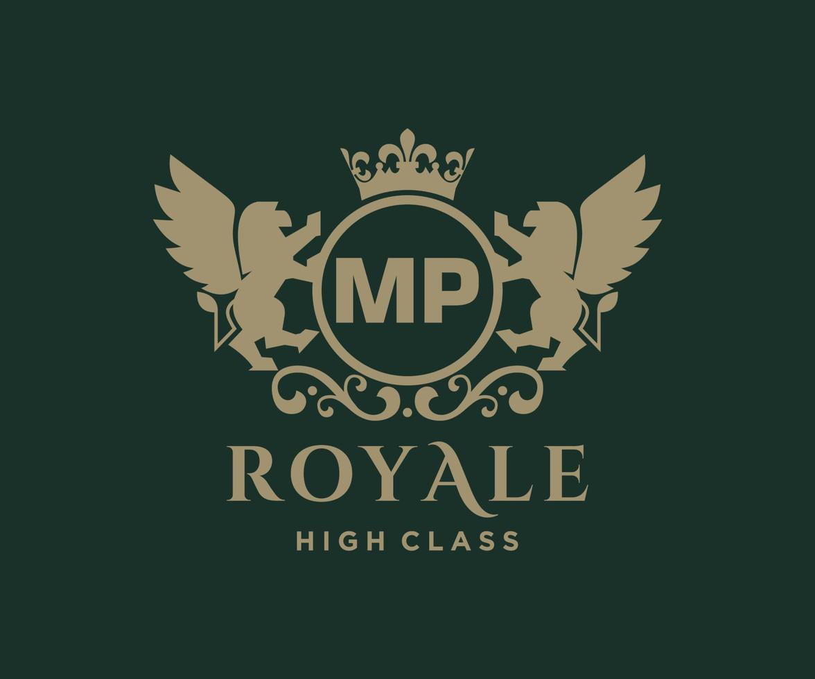 Golden Letter MP template logo Luxury gold letter with crown. Monogram alphabet . Beautiful royal initials letter. vector